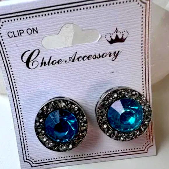 Blue Silver Clip On Stud Earrings